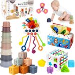6 in 1 Montessori Toys for Babies 6-12 Months Up – Incl Pull String Toy, Stacking Cups, Tissue Box, Suction Cup Spinner, Stacking Blocks,Activity Cube, Baby Toys for 1 2 3 Year Old