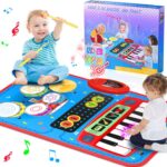2-in-1 Musical Mat Toys for 1 2 3 4 5 Year Old, Piano Keyboard & Drum Set with 2 Drum Sticks, Early Educational Musical Learning Toys Birthday for 1 2 3 4 5 Year Old Boys & Girls, Blue
