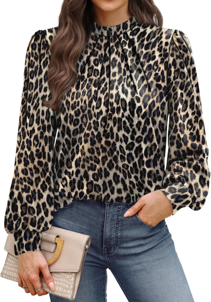 WIHOLL Long Sleeve Shirts for Women Mock Neck Tops Pleated Front Blouses Dressy Casual Fall Clothes 2025 Fashion