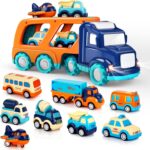 9 Pack Cars Toys for 2 3 4 5 Years Old Toddlers Boys & Girls Gift, Big Transport Truck with 8 Small Cute Pull Back Trucks, Carrier Truck with Sound & Light 13.5 * 5.5 inch, 2.5 *1.6 inch