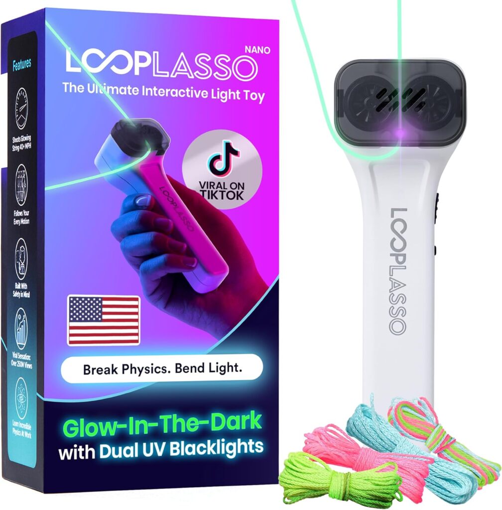 Loop Lasso NANO Glow in the Dark Rave Toys with Built-in UV Blacklight – Interactive Rope Launcher STEM Toy – Viral Flow and String Shooter Toy for Kids and Adults