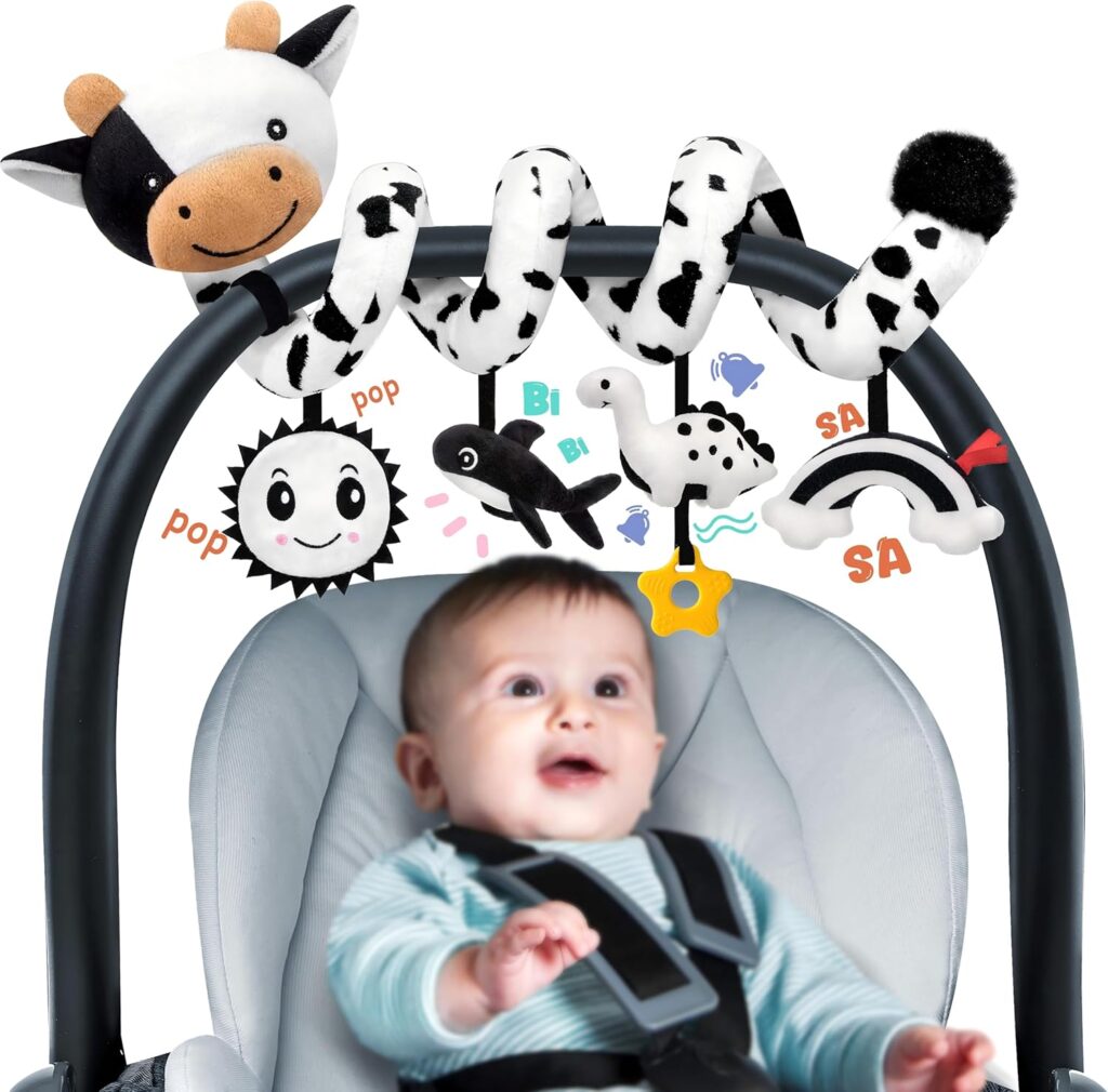 Spiral Car Seat Baby Toys 0-6 Months, Infant Carseat High Contrast Sensory Toys Hanging Stroller Accessories, Newborn for Baby Boys Girls Essentials Stuff, Cute Black and White Cow