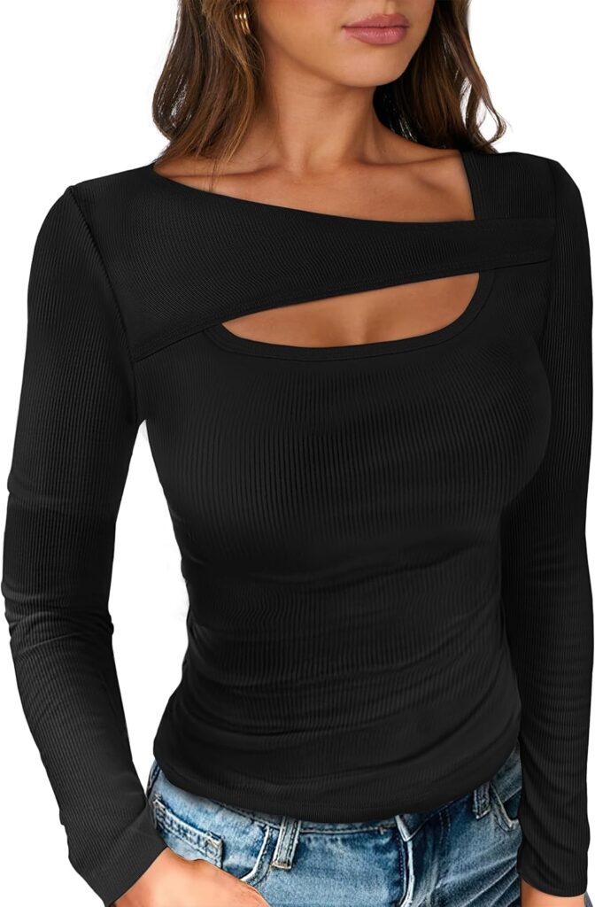 ANRABESS Womens Cutout Tops Trendy Sexy Long Sleeve Shirts Ribbed Slim Fit Tee 2025 Fall Fashion Going Out Tshirts Clothes