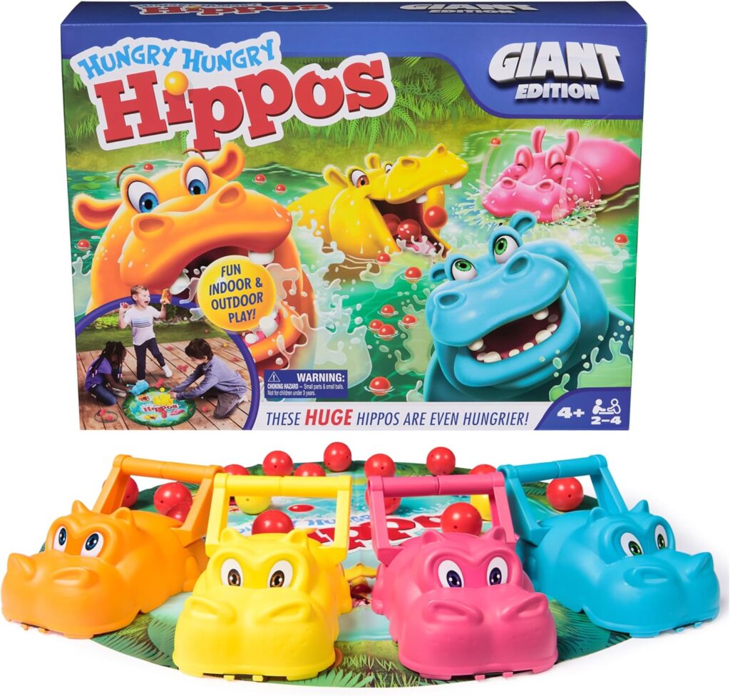 Spin Master Games, Hungry Hungry Hippos Giant Edition, Family Game for Indoor & Outdoor Play with Oversized Board, Preschool Activity, Screenless Activity for Kids, 2-4 Players, Ages 4 & Up