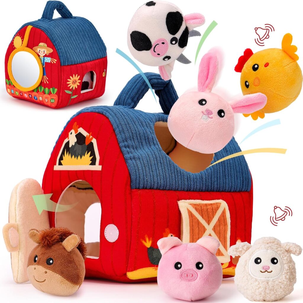 hahaland Baby Toys 6-12 Months – Surprise Barn Stuffed Farm Animals, Rattle, Crinkle, Mirror, Montessori Toys for 6 Month Old Babies Sensory Balls Toddlers 1-3 Gifts Christmas Baby Stocking Stuffers