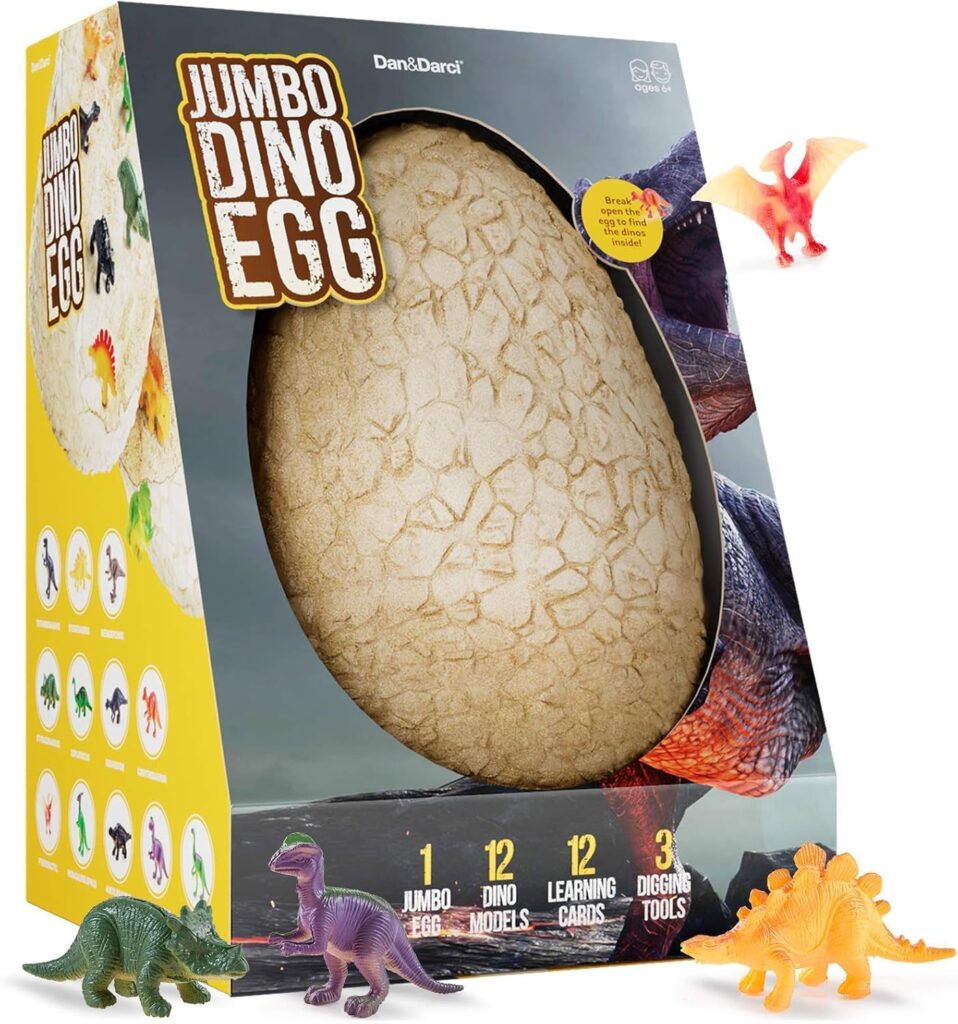 Dan&Darci Jumbo Dino Easter Egg – Unearth 12 Unique Large Surprise Dinosaurs in One Giant Filled Egg -Easter Gifts for Kids – Discover Dinosaur Archaeology Science STEM Crafts Gifts for Boys & Girls