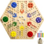 Wooden Board Game, Original Marble Game Double Sided Painted 2 to 6 Player Fast Track Board Game Wooden with 6 Colors 24 Marbles 6 Dice for Adults Kids Family(15 INCH)