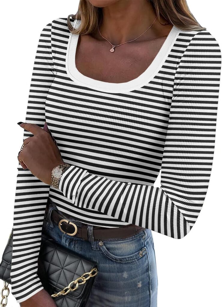 Zeagoo Women’s Long Sleeve Scoop Neck Shirts Casual Slim Fit Rib Knit Tops Summer Fall Basic Business Work Tee