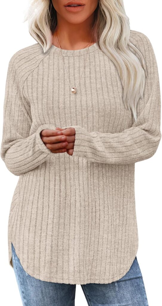 Saloogoe Long Sleeve Shirts for Women 2025 Fall Clothes Tunic Tops Loose Fit Dressy Crewneck Pullover Sweaters Curved Hem