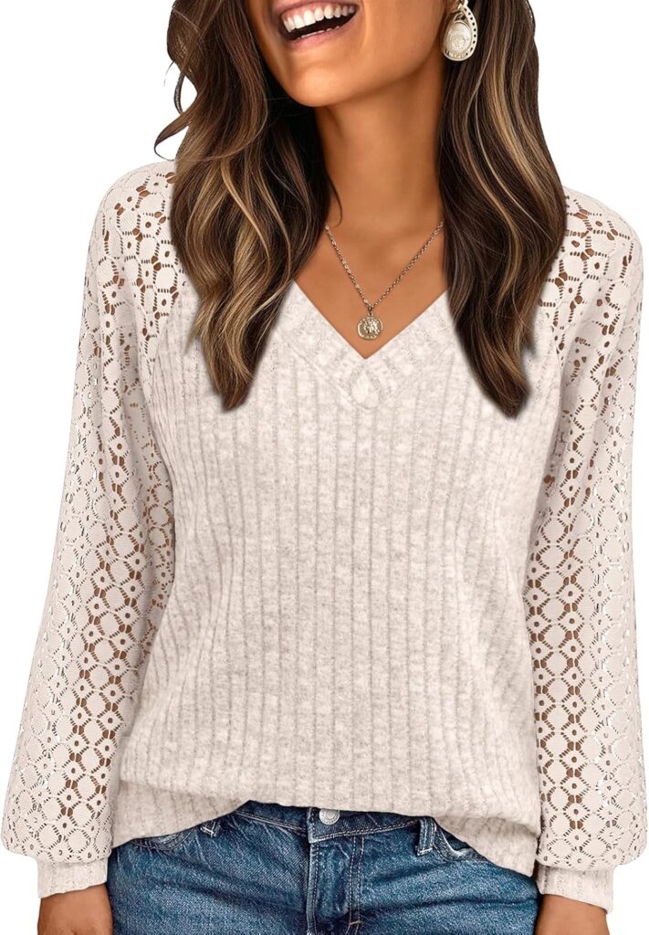 AUTOMET Women Long Sleeve Shirts Fall Lace Tops 2025 Fashion V Neck Sweaters Dressy Casual Winter Tunic Blouse Trendy Outfit