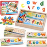 Atoylink Wooden Spell Learning Toys for 2 3 4 5 Year Old Kids Match Letter Spelling Game Board & Letters & Box, CVC Word Builder Toddler Educational Toy Kindergarten Preschool Learning Activities