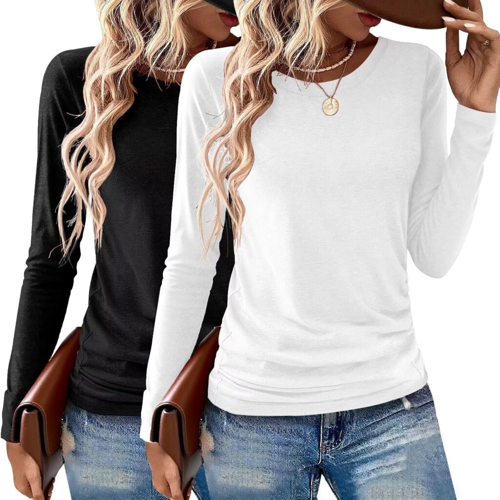 2 Pack Womens Tops Crewneck Soft Long Sleeve Shirts Fall Clothes Casual Tshirts Basic Tee