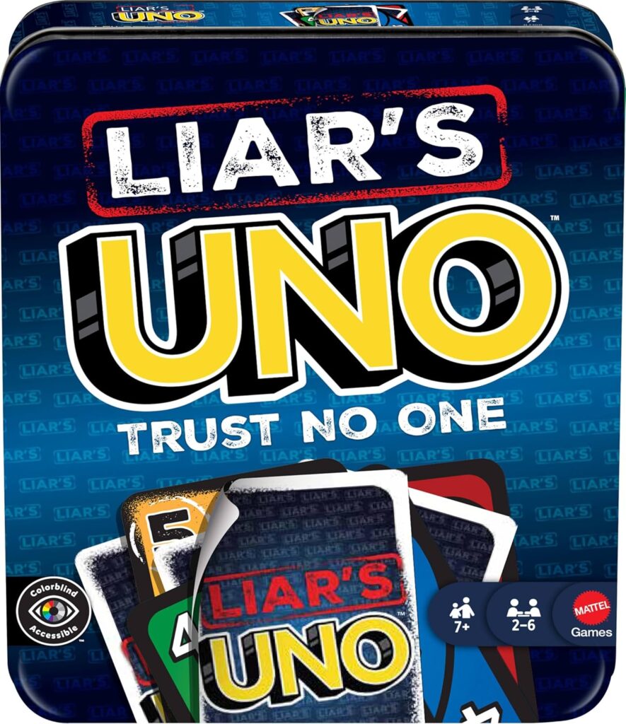 Mattel Games Liar’s UNO Card Game in Travel & Storage Tin for Adults, Kids, Families, Parties & Game Nights, Outwit Other Players with Bluffing & Trickery (Amazon Exclusive)