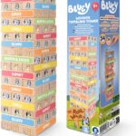 Bluey 8th Wonder Stackable Tumbling Tower Game, Robust Wooden Stacking Game with 54 Illustrated Colored Blocks, Fun Balancing Toy for Kids Ages 3+