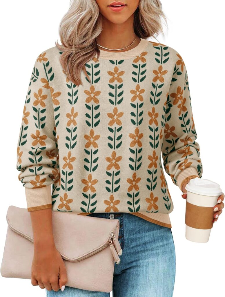 ZESICA Women’s Long Sleeve Crewneck Sweater 2025 Fall Printed Cute Oversized Knitted Pullover Tops Trendy Clothes