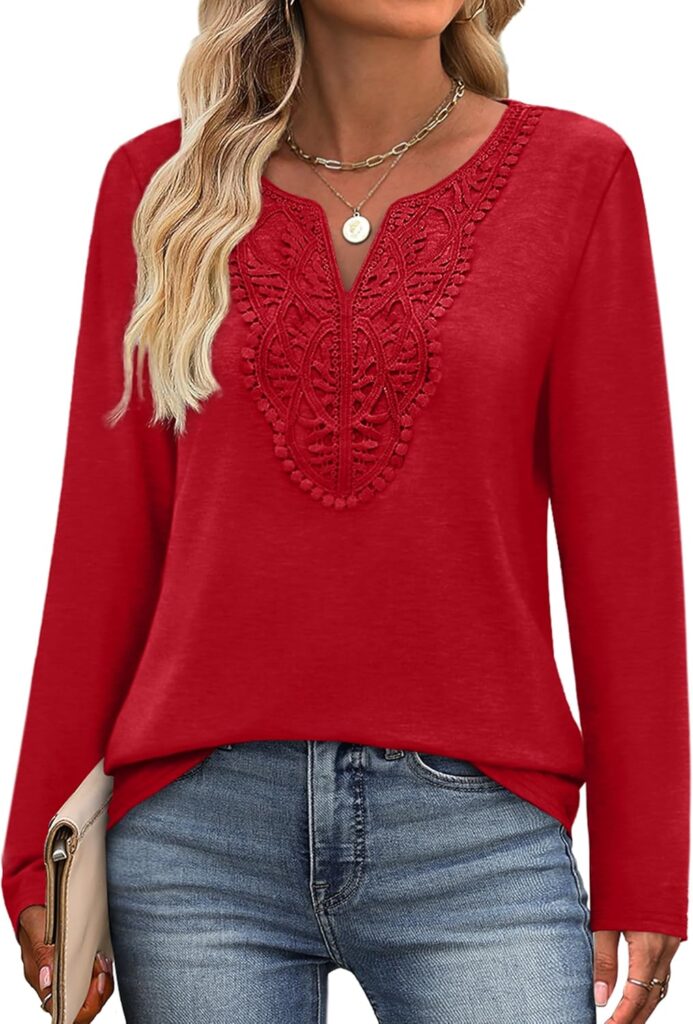 XIEERDUO Boho Tops for Women Blouses Dressy Casual V Neck Long Sleeve Shirts Fall Outfits Trendy Vacation Clothes