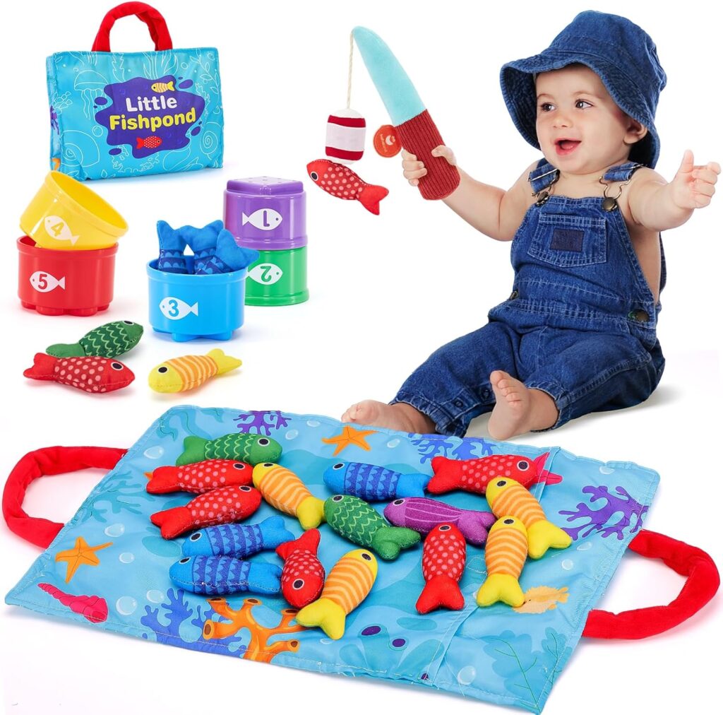 Toddler Toys Montessori Toys for 1 Year Old Boy Girl Birthday Gift -10 in 1 Cloth Fishing Game for Toddler Christmas Gifts 1-3 with Stacking Cups- Number Counting, Color Sorting, Shape Learning