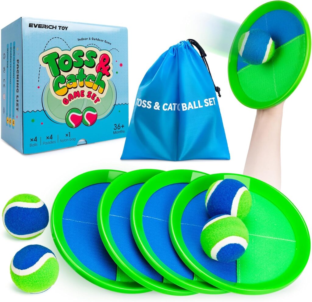 EVERICH Upgraded Toss and Catch Ball Game Set, Outdoor Games for Kids Outdoor Toys Yard Games, Beach Pool Toys for Adults Family 4 Paddles 4 Balls, Great Gifts for Boys Girls 3 4 5 6 7 8-12 Years Old
