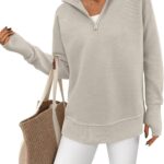 PRETTYGARDEN Womens Long Sleeve Quarter Zip Pullover Sweater Casual Loose V Neck Collared Ribbed Knit Jumper Tops Thumb Hole