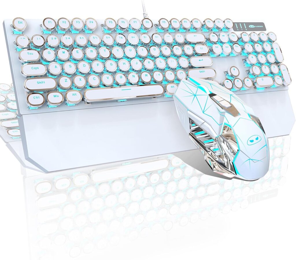 Typewriter Mechanical Gaming Keyboard and Mouse Combo, Retro Punk Round Keycaps RGB Rainbow Backlit Wired Keyboard for Game and Office, for Windows Laptop PC, Red Switches(White)