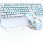 Typewriter Mechanical Gaming Keyboard and Mouse Combo, Retro Punk Round Keycaps RGB Rainbow Backlit Wired Keyboard for Game and Office, for Windows Laptop PC, Red Switches(White)
