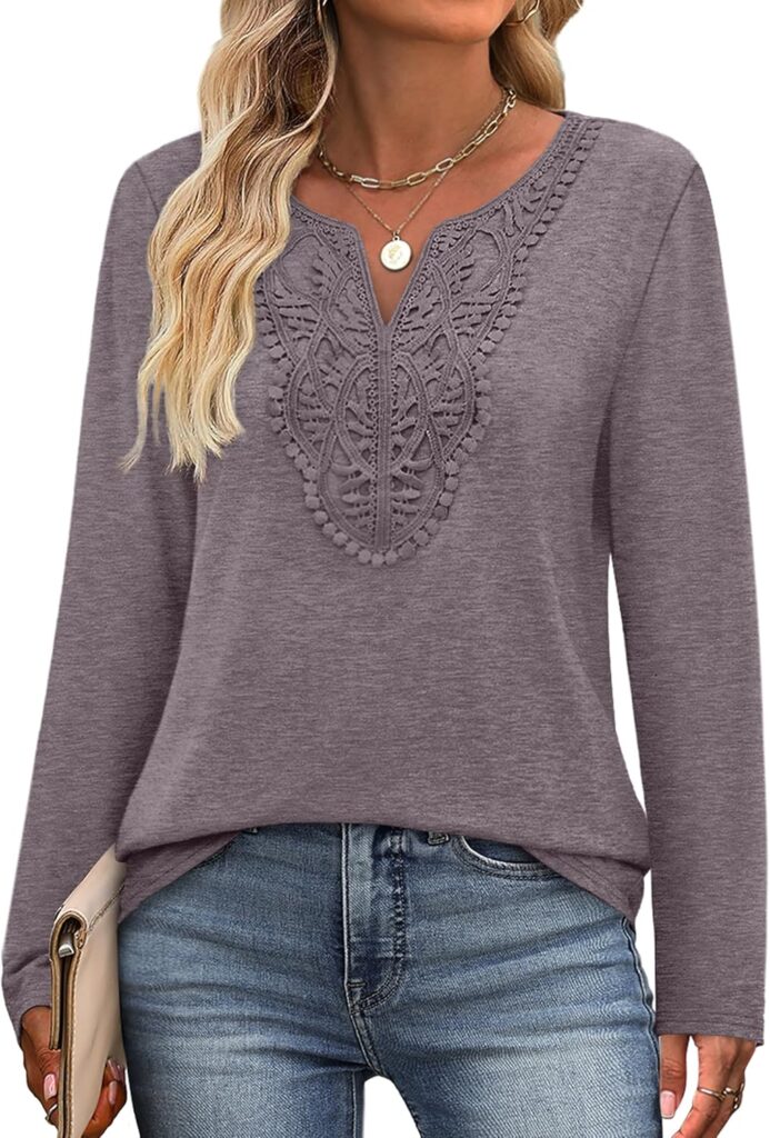 XIEERDUO Boho Tops for Women Blouses Dressy Casual V Neck Long Sleeve Shirts Fall Outfits Trendy Vacation Clothes