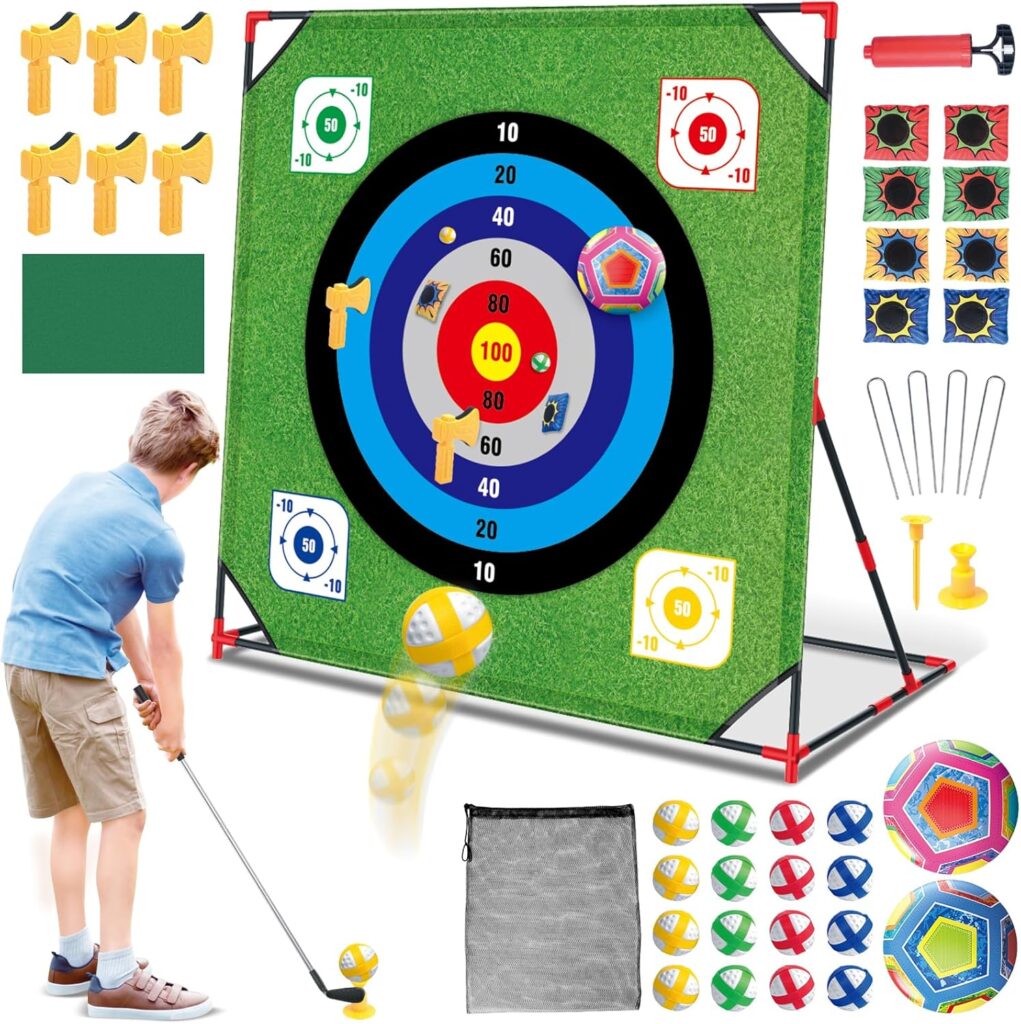 Mostop Golf Chipping Game with Stand – Golf Target Battle Game with Putting Mat, 12 Sticky Balls, 6 Axes, 2 Soccer Balls, 8 Bean Bags, Outdoor Golf Yard Game for Chipping Practice for Dads Golfers