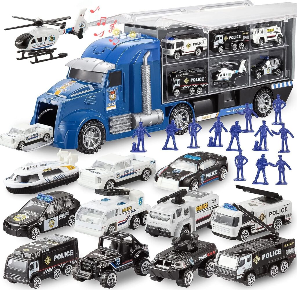 JOYIN 25 in 1 Police Rescue Truck Car Toy Set with Sounds and Lights, Mini Vehicles in Carrier Truck, Play Police Patrol Rescue Vehicle Toy, Christmas Birthday Gifts for Over 3 Years Old Boys