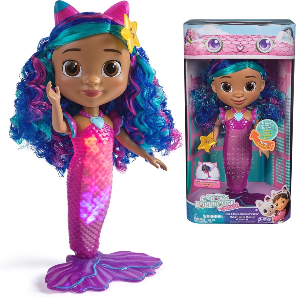 Gabby’s Dollhouse: The Movie, Sing & Shine Mermaid Gabby, Waterproof Mermaid Doll with Lights & Sounds, Kids Toys for Girls & Boys Ages 3 and Up