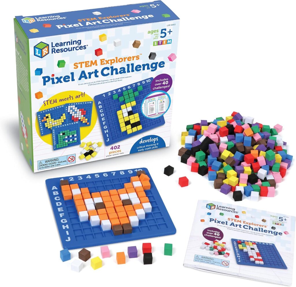 Learning Resources STEM Explorers Pixel Art Challenge – Math Puzzles, Pattern Blocks, Sensory Bin, Arts and Crafts, Math Manipulatives, Building Toys, Montessori