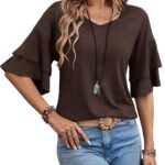 Womens Top Ruffle Sleeve Blouses V Neck T Shirts Casual Outfit Bell Sleeve Tee Spring Fall Summer Fashion Clothes Cute Tunic