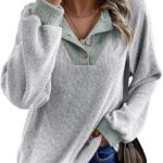 EVALESS Womens Fall Fashion 2025 Womens Long Sleeve Shirts Patchwork Button Up V Neck Sweatshirt Casual Pullover Tops