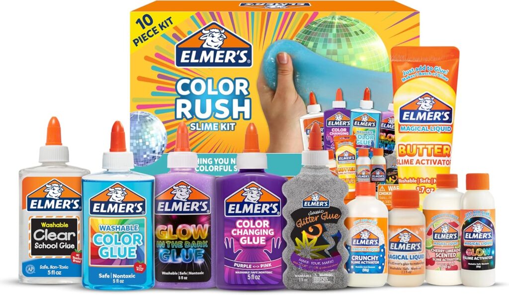 Elmer’s Color Rush Slime Kit, Includes Liquid Glue, Activator, Makes Color Changing, Glow in The Dark, Butter Slime and More, 10 Piece Set – Perfect for Parties, Gift, Activity Time