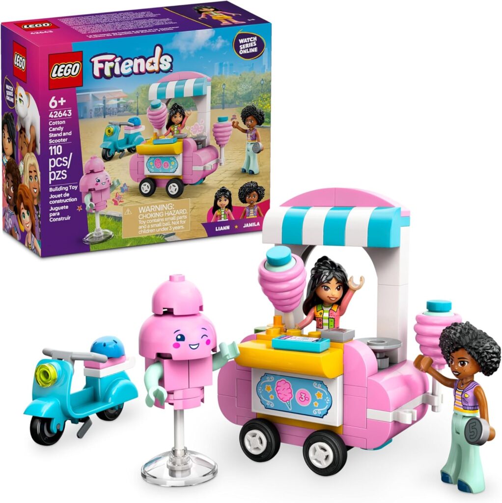 LEGO Friends Cotton Candy Stand and Scooter – Building Toy Pretend Play Set for Kids, Girls and Boys, Ages 6+ – with 2 Minidolls, Wheelable Food Cart and Accessories – Gift Idea for Birthday – 42643