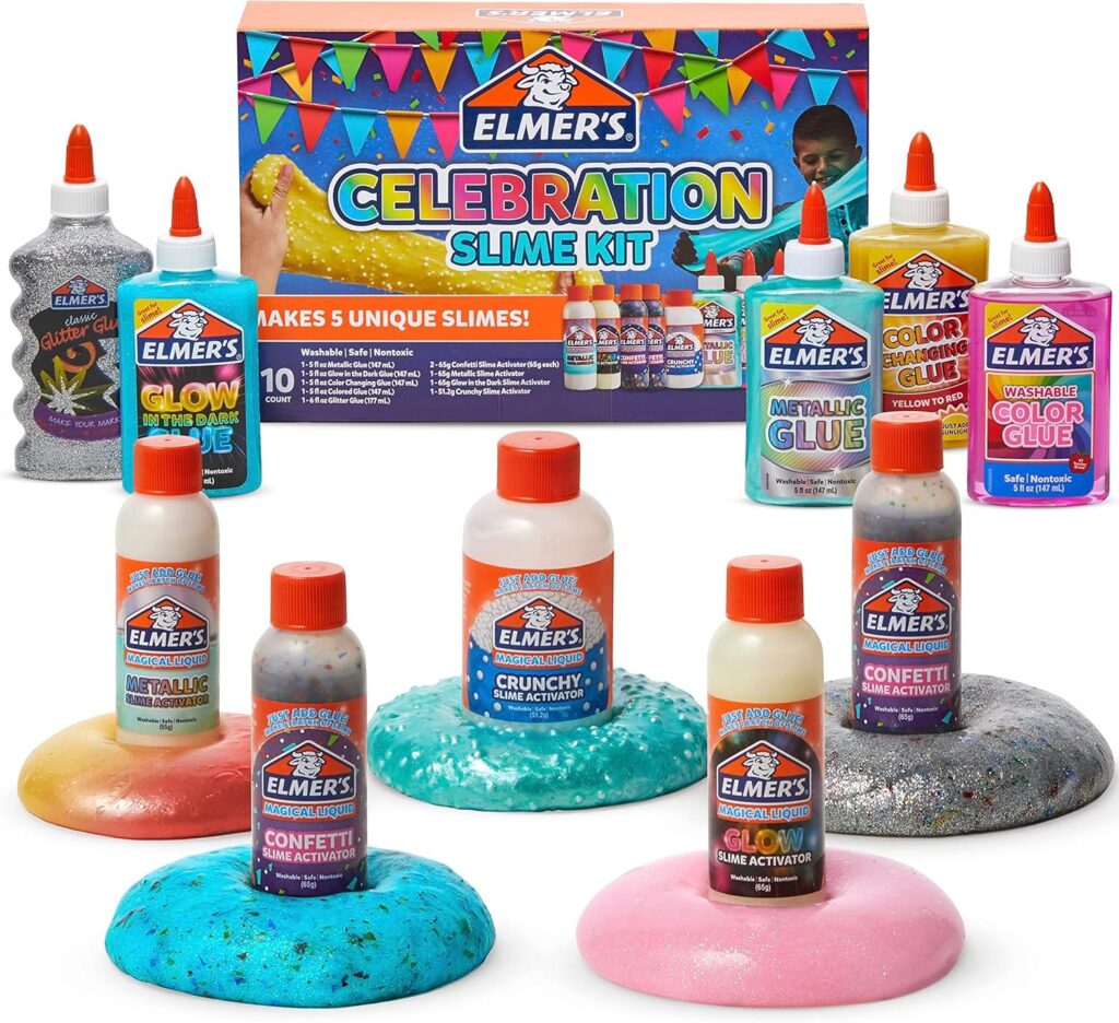 Elmer’s Celebration Slime Kit, Complete Slime Supplies with Assorted Magical Liquid Slime Activators and Assorted Liquid Glues, 10 Count – Perfect for Parties, Gift, Activity Time