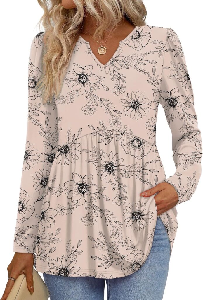 WIHOLL Womens Tops Long Sleeve Fall Shirts Babydoll Peplum Tops for Women V Neck Tunic Dressy Casual Blouses