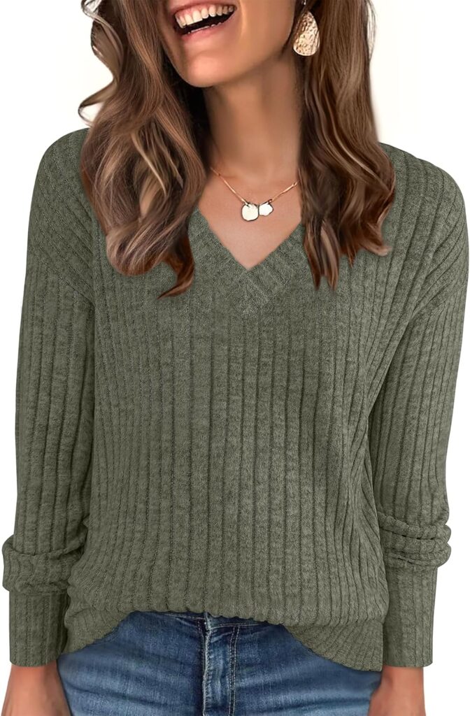 ANRABESS Long Sleeve Shirts for Women V Neck Casual Fall Tops Loose Fit Lightweight Sweaters Tunic Fashion 2025 Clothes
