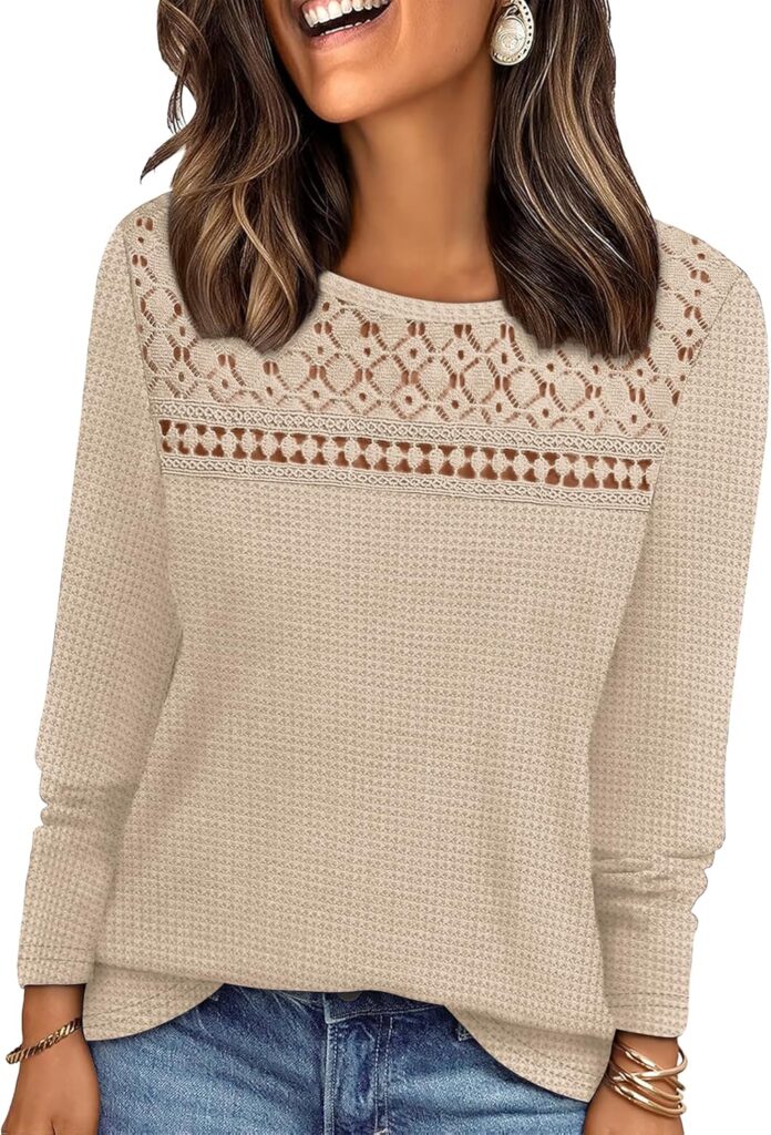 WIHOLL Womens Lace Long Sleeve Shirts Fall Tops Fashion Dressy Casual Lightweight Sweaters Mesh Clothes Trendy Waffle Knit