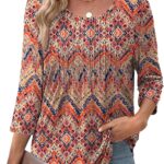XIEERDUO 3/4 Length Sleeve Tops for Women 2025 Crewneck Casual Pleated Tunic Tops Loose Fit Shirts Blouses