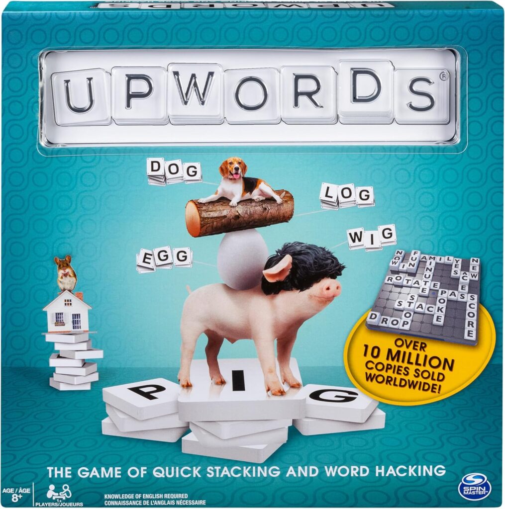 Spin Master Games, Upwords, Classic Word Game with Stackable Letter Tiles, Family Board Game, Crossword Activity, 1-4 Players, for Ages 8 & Up