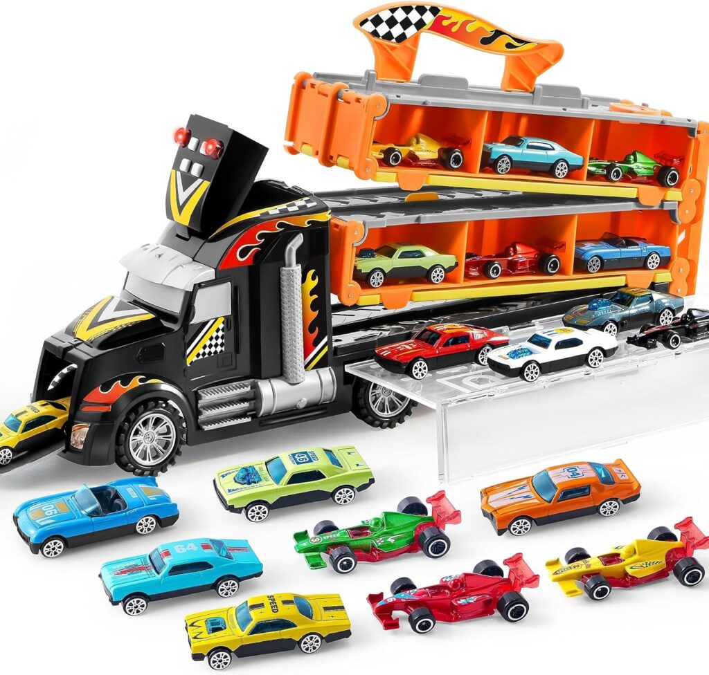 JOYIN Toy Truck for Kids, Race Toy Cars, 60″ Extra Long Race Track and 12 Die-Cast Metal Cars, Toddler Carrier Truck Playset with Lights & Sounds, Birthday Gift for 2 3 4 5 6 7 Years Old Boys Girls