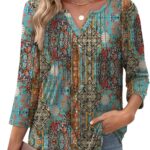XIEERDUO Womens 3/4 Sleeve Tops 2025 V-Neck Casual Pleated Shirts Blouses Beach Vacation Fall Fashion Clothes Outfits