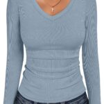 ANRABESS Long Sleeve Shirts for Women V Neck Ribbed Knit Fitted Fall Basic Tshirts Going Out Tops 2025 Casual Trendy Clothes